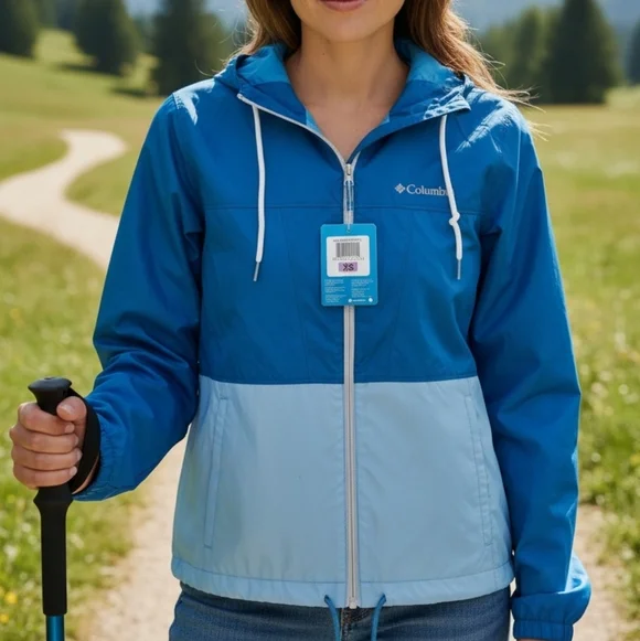 Columbia Two-Tone Blue Hooded Windbreaker Jacket Dark Cyan NEW Womens - Picture 1 of 6